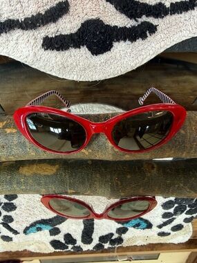Jonathan Adler Red Cat-Eye Sunglasses with Striped Temples